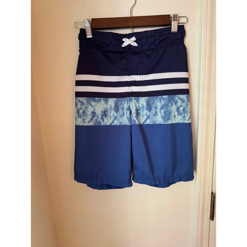 Cat & Jack Boys Blue Colorblock Tie Dye Striped Swim Trunks Board Shorts L 12/14